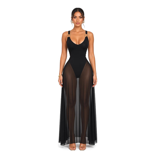 Mesh Skirt Bodysuit Maxi Dress — Black front