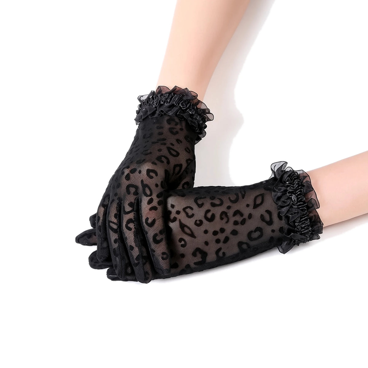 Leopard Lace Mesh Gloves — black front