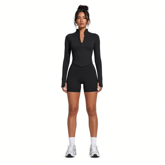 Single Piece Long Sleeved Yoga Top — Black front