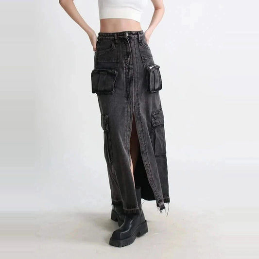Denim Cargo Maxi Skirt — black front