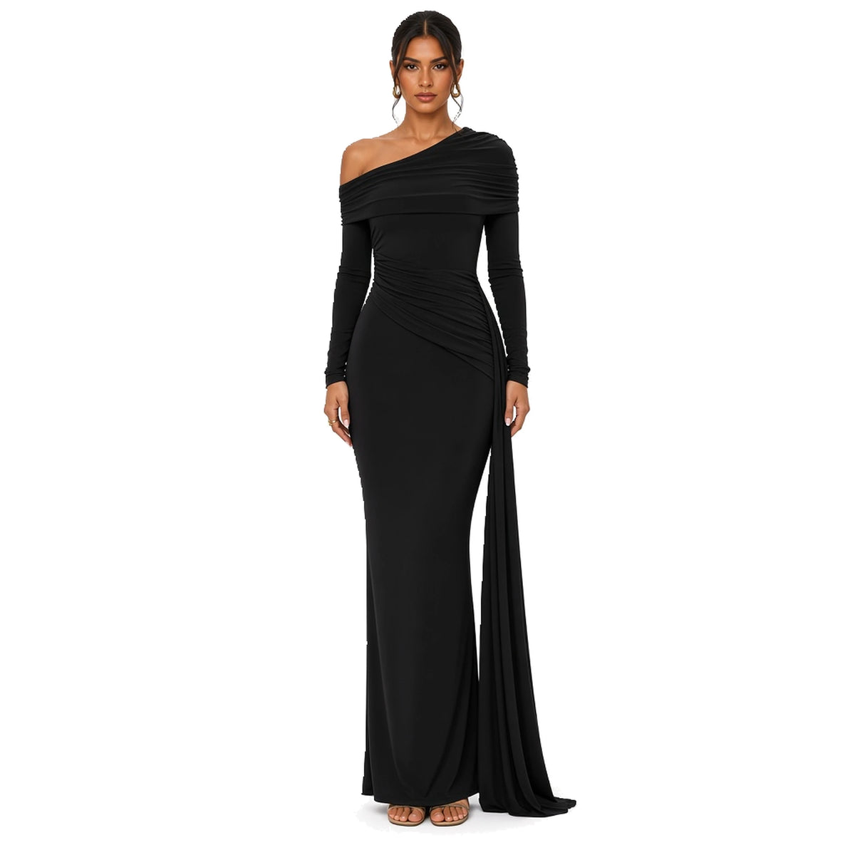 Ribbon One-Shoulder Gown — black front