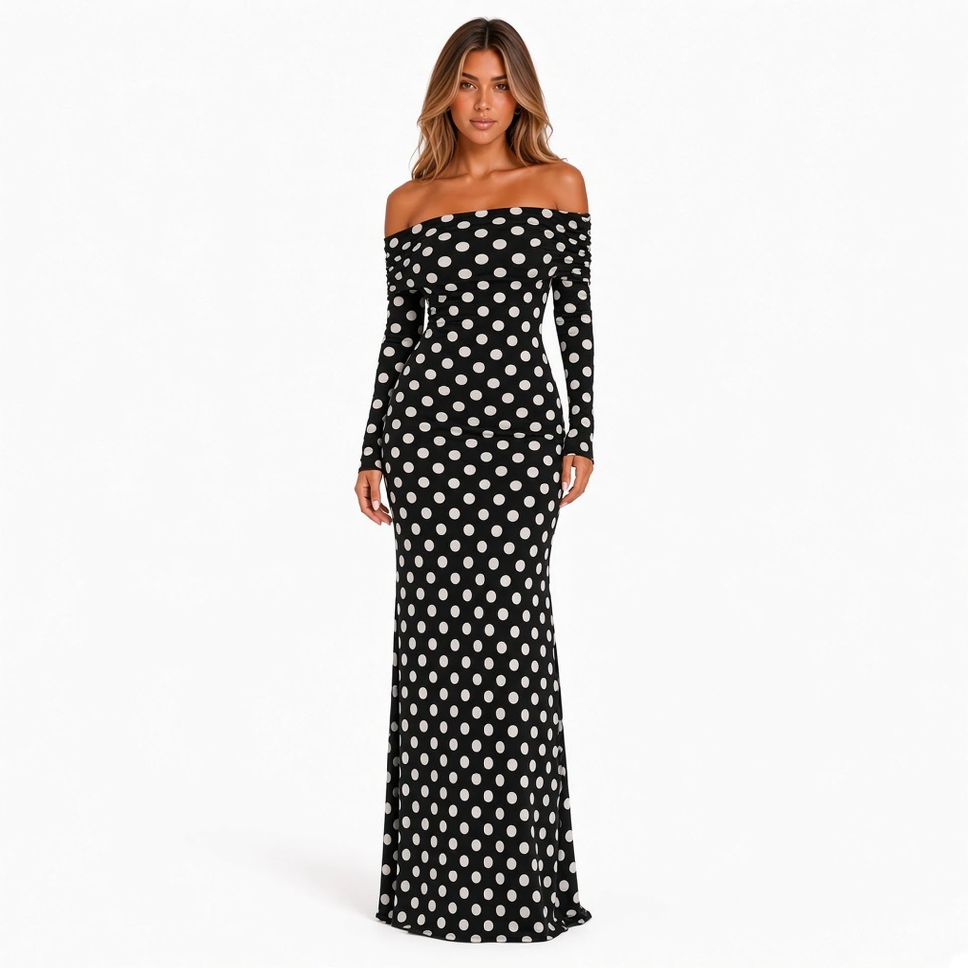 Retro Polka Dot Bodycon Long Dress — front