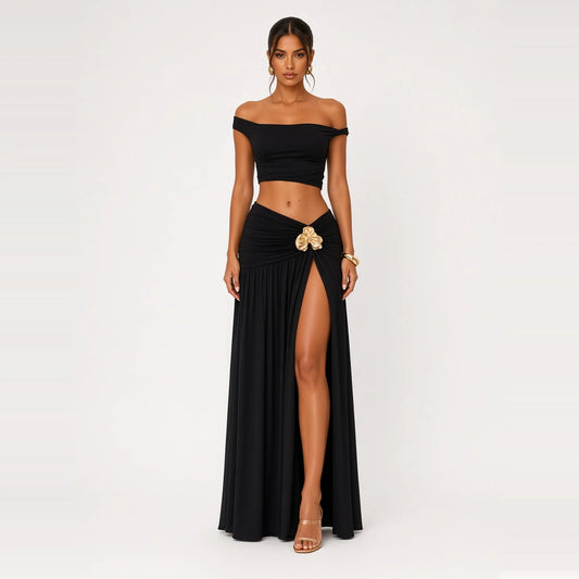 Off-Shoulder Crop Top & Ruched Maxi Skirt Set — black front