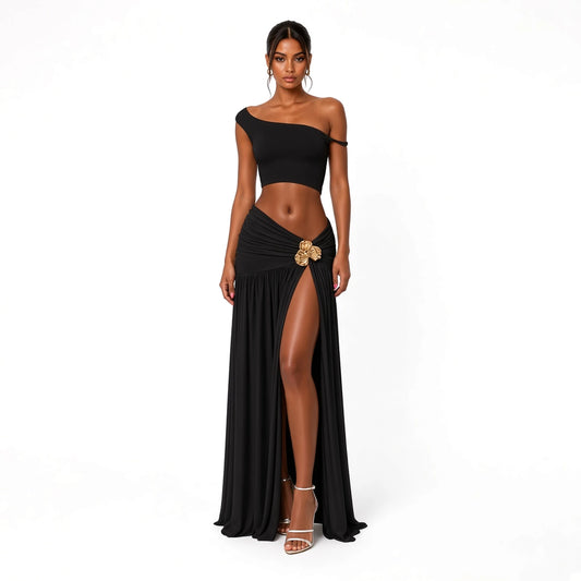 Skew Neck Maxi Skirt Set — Black front