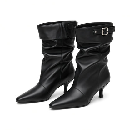 Women's Plus Size Western Stiletto Heel Boots 2026 New Pointed Toe Wide Calf Slouchy Cuff Buckle Brown Retro Chic Fashion Shoes — black front