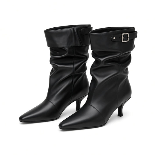 Women's Plus Size Western Stiletto Heel Boots 2026 New Pointed Toe Wide Calf Slouchy Cuff Buckle Brown Retro Chic Fashion Shoes — black front