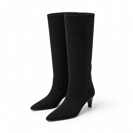 Suede Kitten Heel Knee Boots — black front
