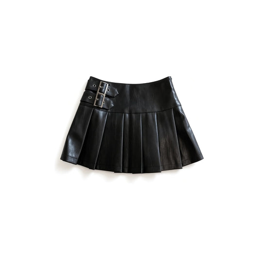 Double-Buckle Faux Leather Mini Skirt — black front