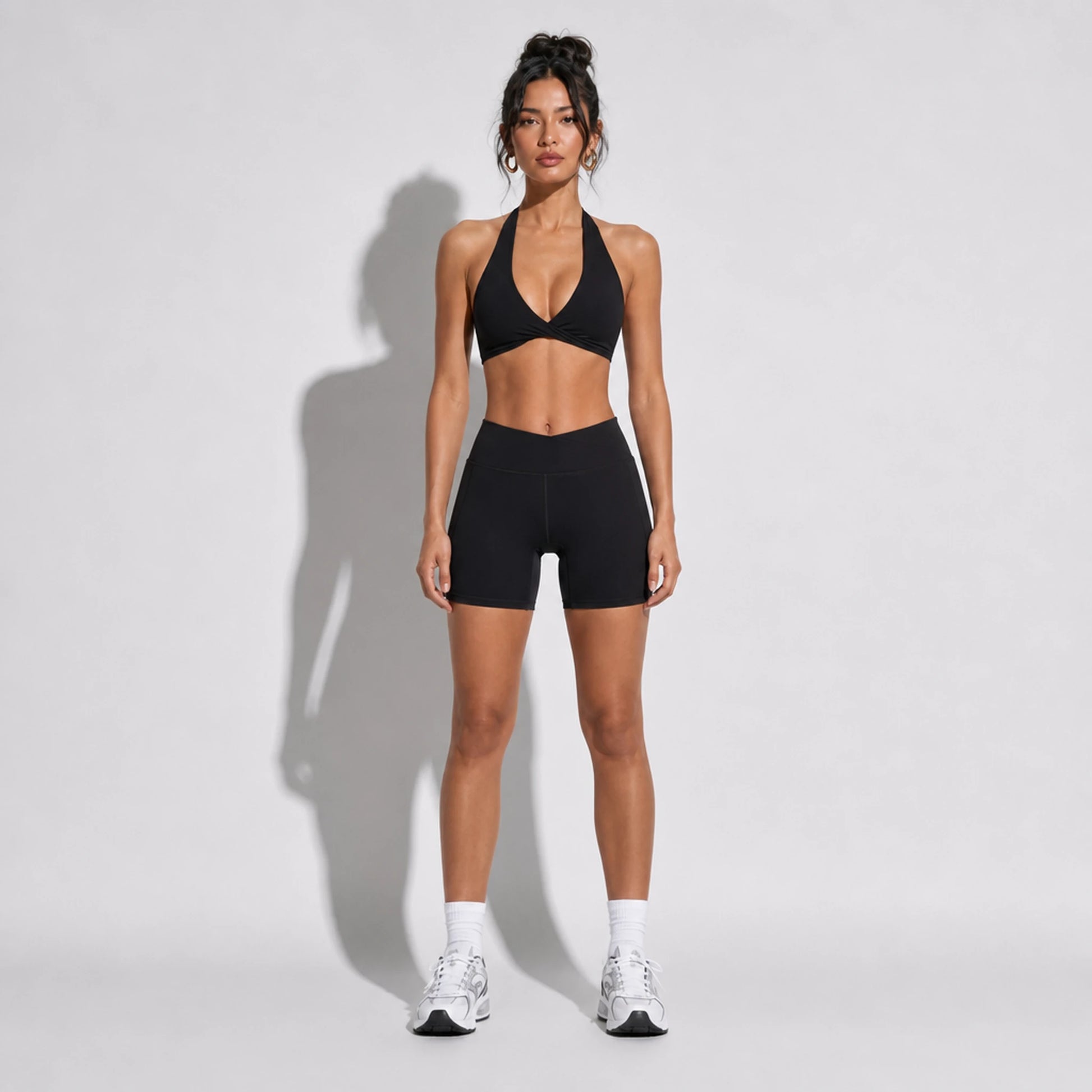 Set — Twist Halter bra Black + Legging Shorts front on-model 2048