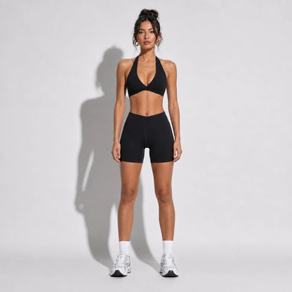 Set — Twist Halter bra Black + Legging Shorts front on-model 2048