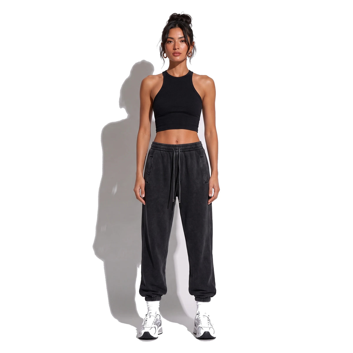 Street Distressed Loose Joggers — black front
