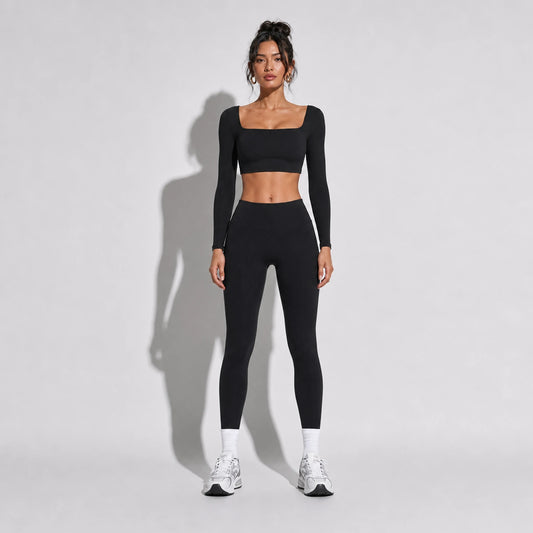 2 Piece Set Long Sleeve and Leggings Yoga — black front