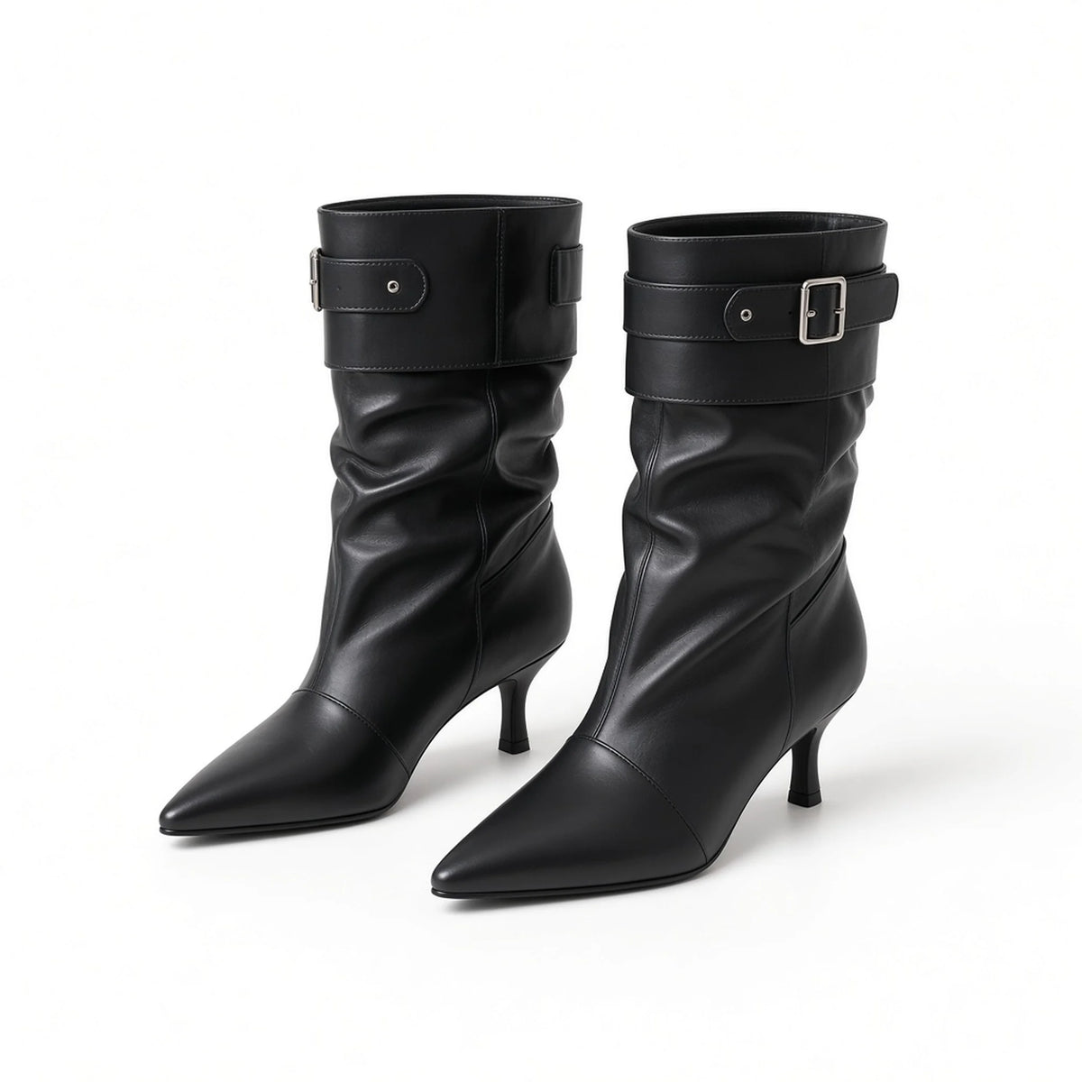 Pointed Toe Slouchy Kitten Heel Boots — black front
