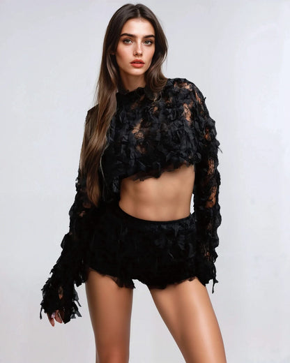 Black Lace Crop Top & Shorts Set