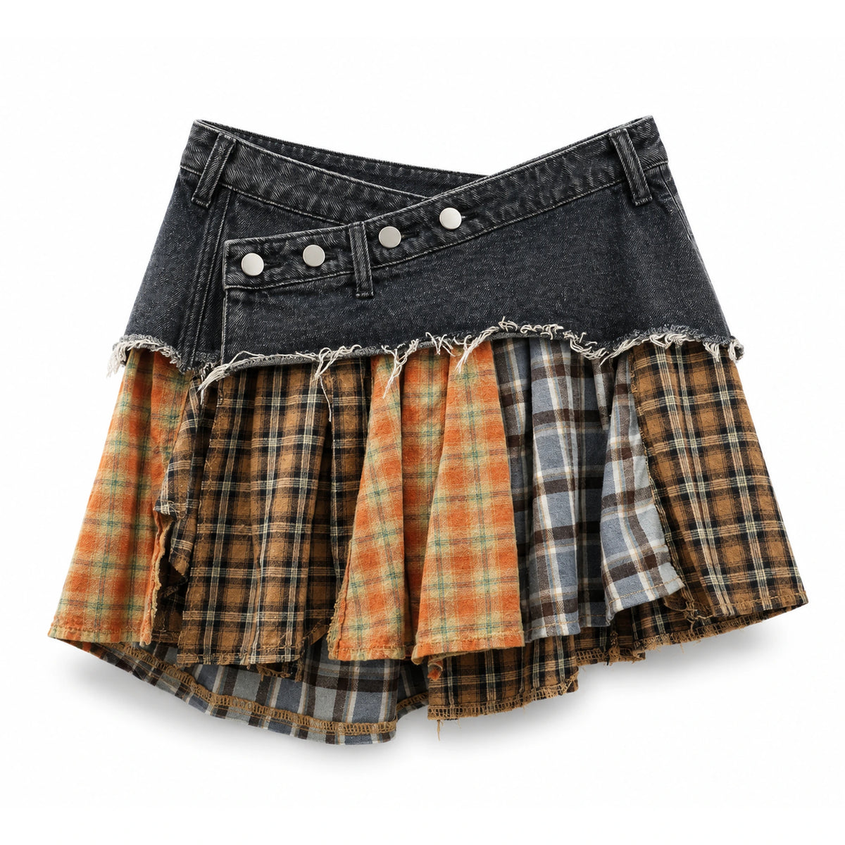 Denim Yoke Patchwork Ruffle Mini Skirt — Black product front