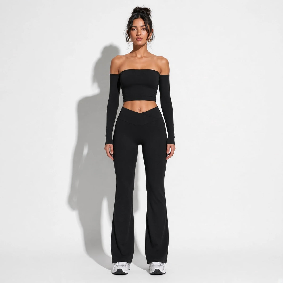 Women's Fitness Long Sleeve Leggings Set — Black Set-1 front