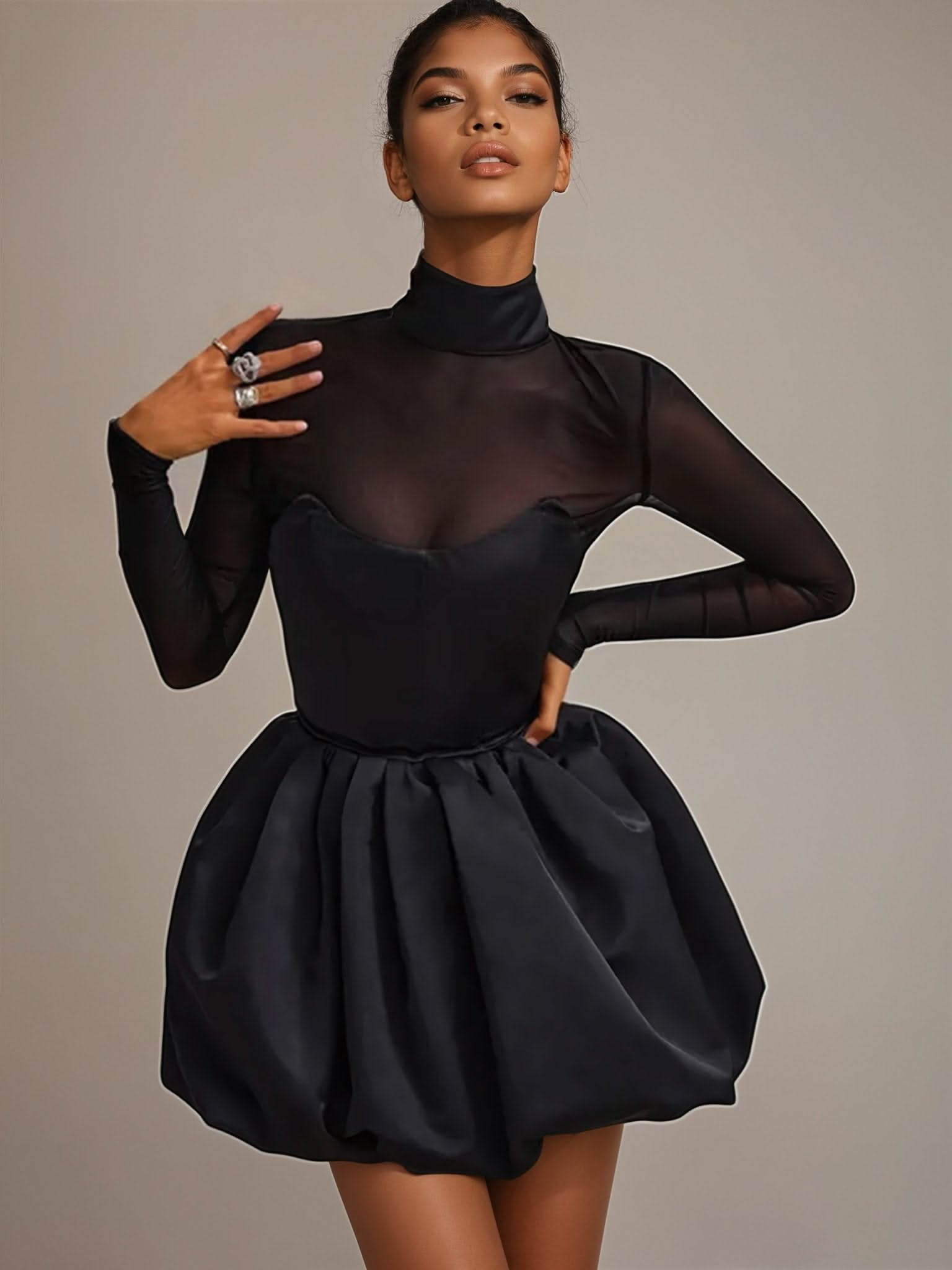 Black Sheer High-Neck Bubble long sleeve mini dress Black Sheer High-Neck Bubble long sleeve mini dress