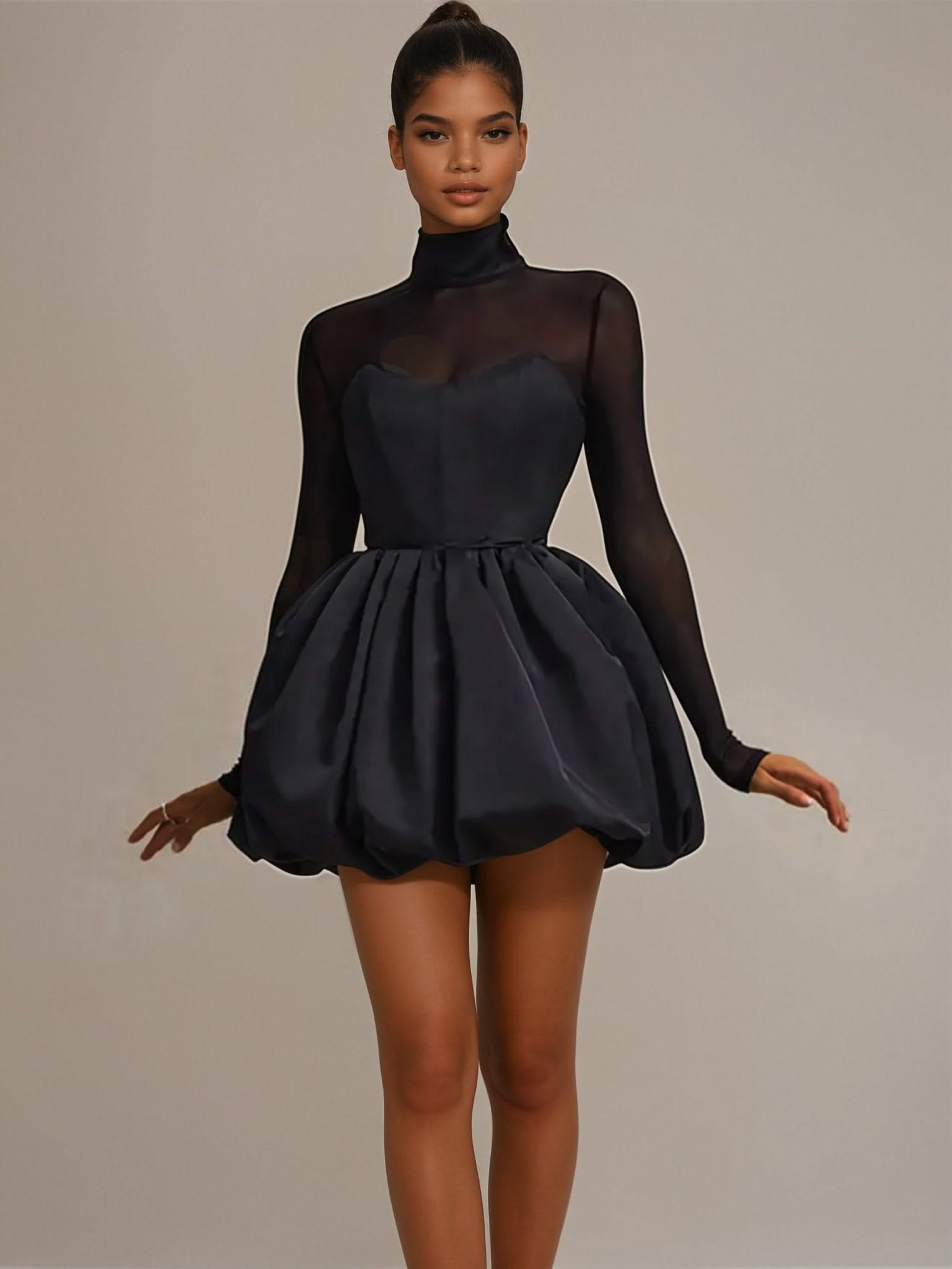 Black Sheer High-Neck Bubble long sleeve mini dress Black Sheer High-Neck Bubble long sleeve mini dress