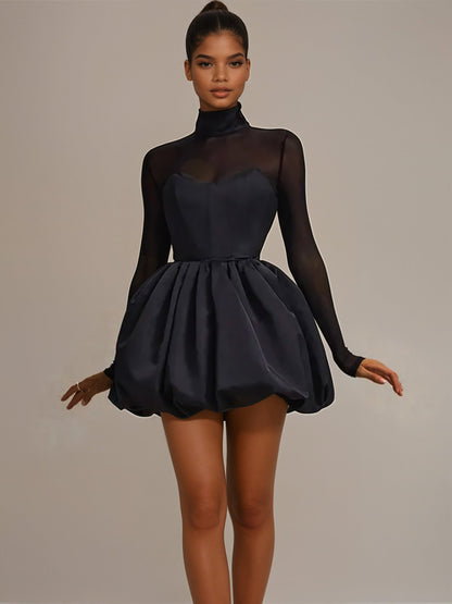 Black Sheer High - Neck Bubble long sleeve mini dress