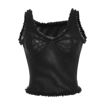 Black Sheer Ruffle Trim Tank Top