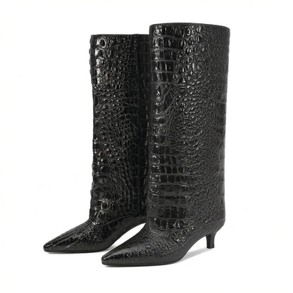 Croc Kitten Heel Knee Boots — black side
