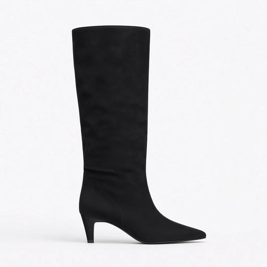 Suede Kitten Heel Knee Boots — black side