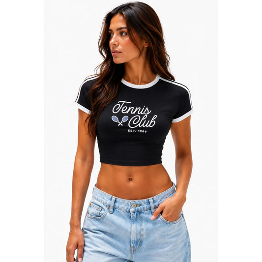 Tennis Club Crop T-Shirt — Black three-quarter