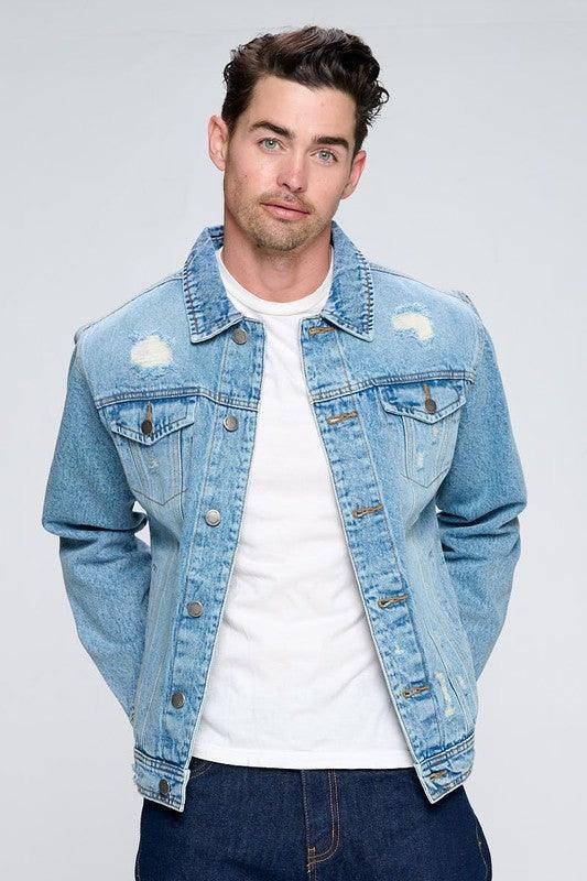 Men's Denim Jacket with Distressed, [product type]
