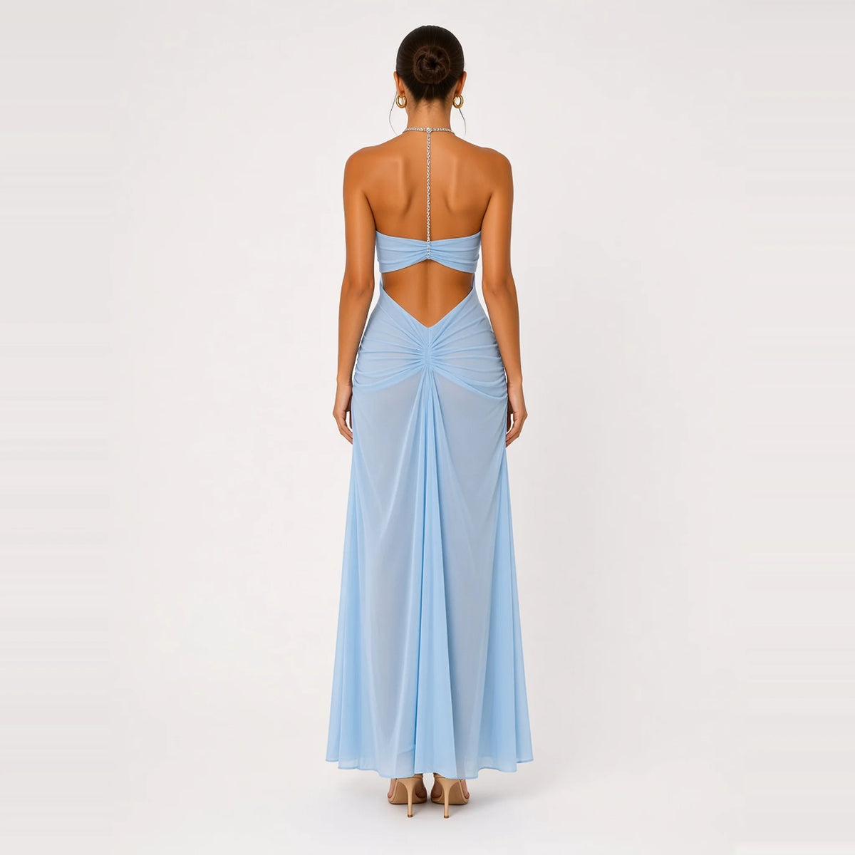 Rhinestone Chain Halter Backless Maxi Dress — blue back
