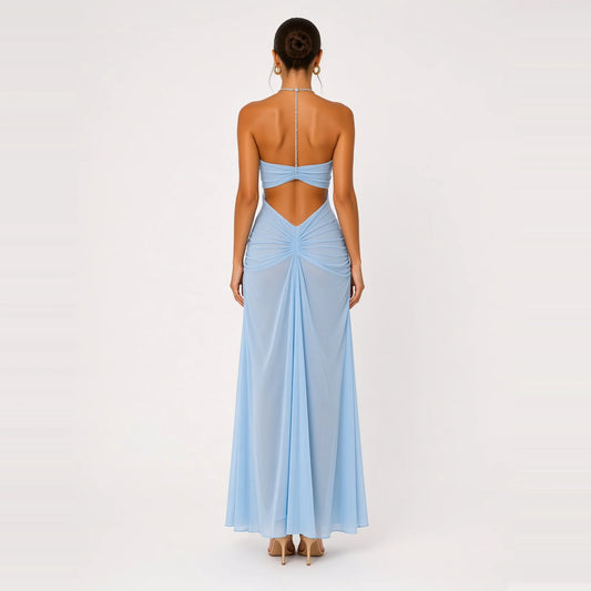 Rhinestone Chain Halter Backless Maxi Dress — blue back