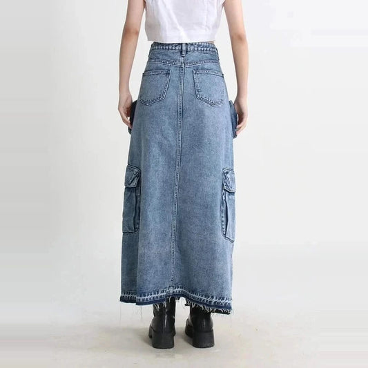 Denim Cargo Maxi Skirt — blue back