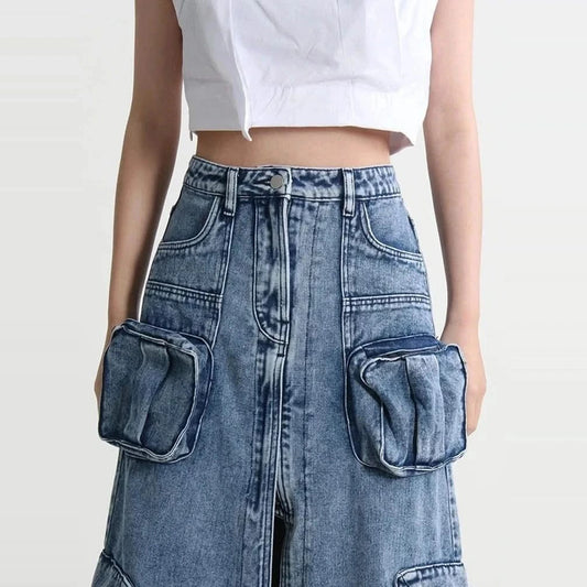 Denim Cargo Maxi Skirt — blue detail