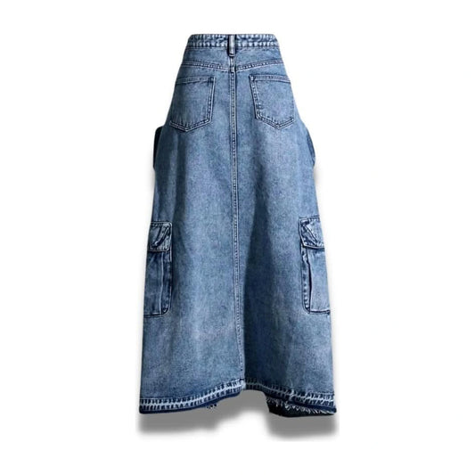 Denim Cargo Maxi Skirt — blue flat back