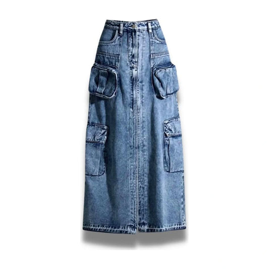 Denim Cargo Maxi Skirt — blue flat front