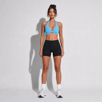 Set — Twist Halter bra Blue + Legging Shorts front on-model 2048
