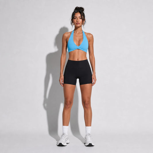 Set — Twist Halter bra Blue + Legging Shorts front on-model 2048