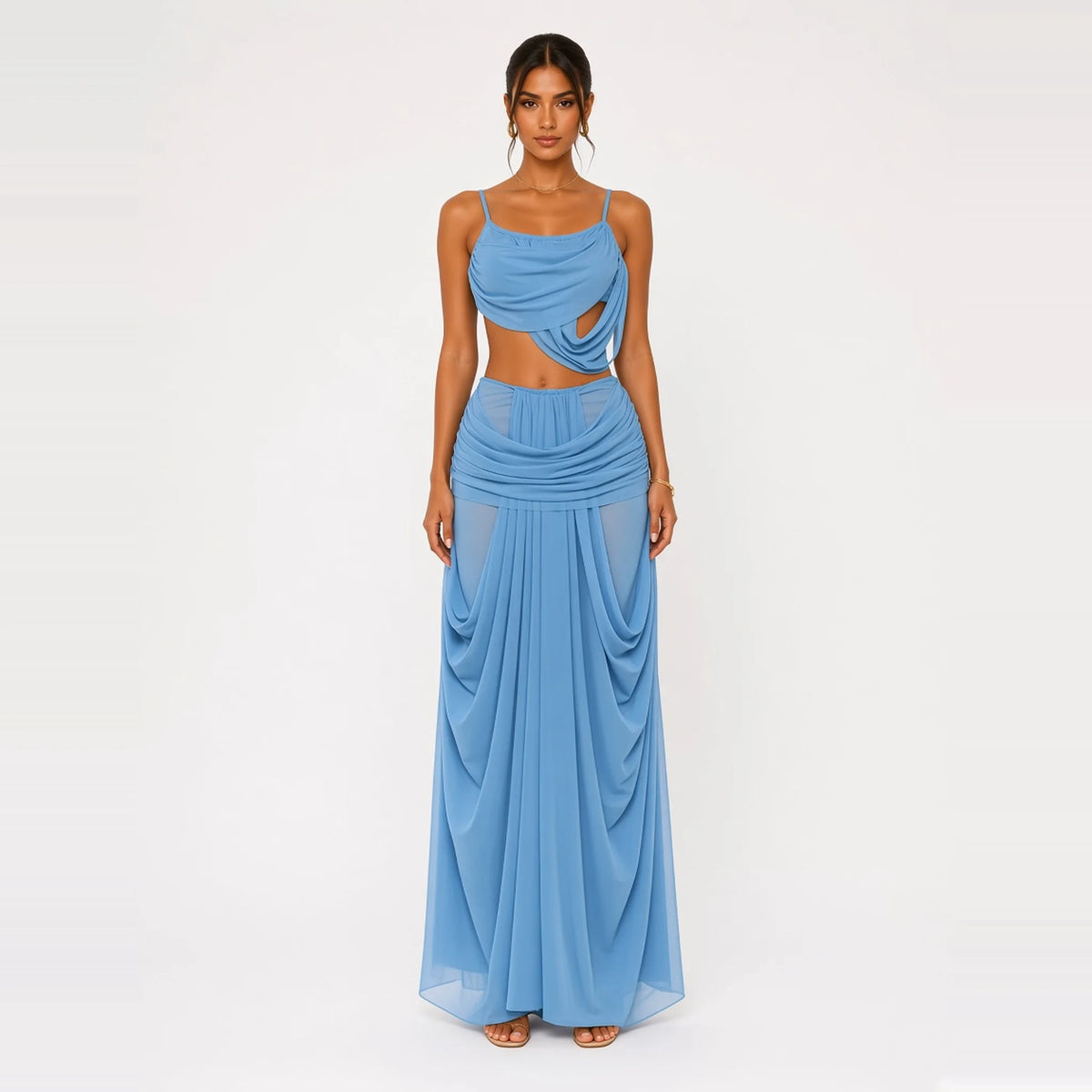 One-Shoulder Cutout Two-Piece Set — blue front
