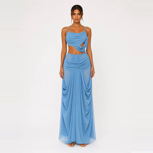 One-Shoulder Cutout Two-Piece Set — blue front