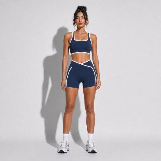 High Stretch Solid Yoga Shorts Set — blue front
