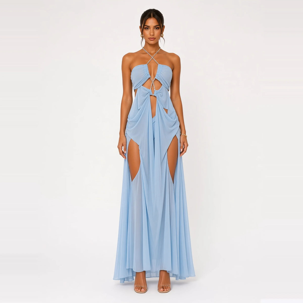 Rhinestone Chain Halter Backless Maxi Dress — blue front