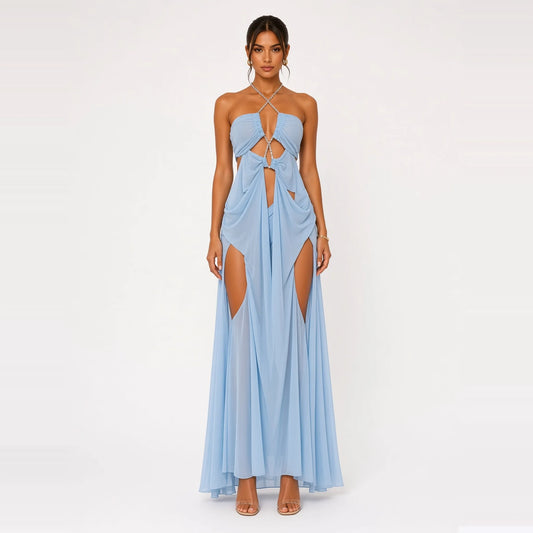 Rhinestone Chain Halter Backless Maxi Dress — blue front