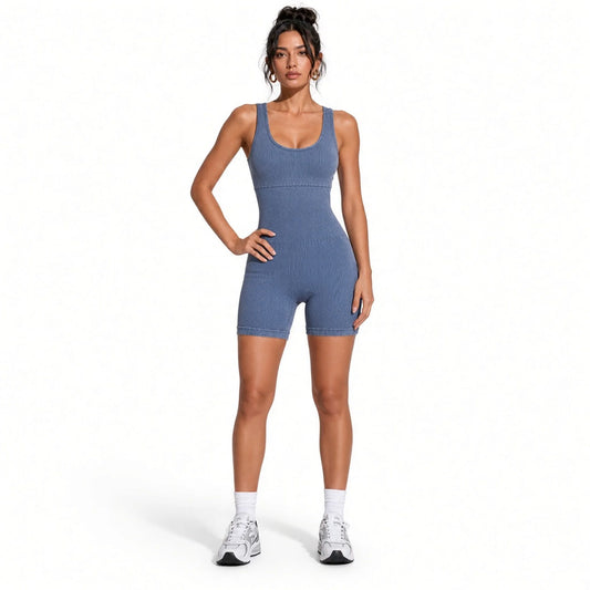 Ribbed Tank Top Rompers — Blue front