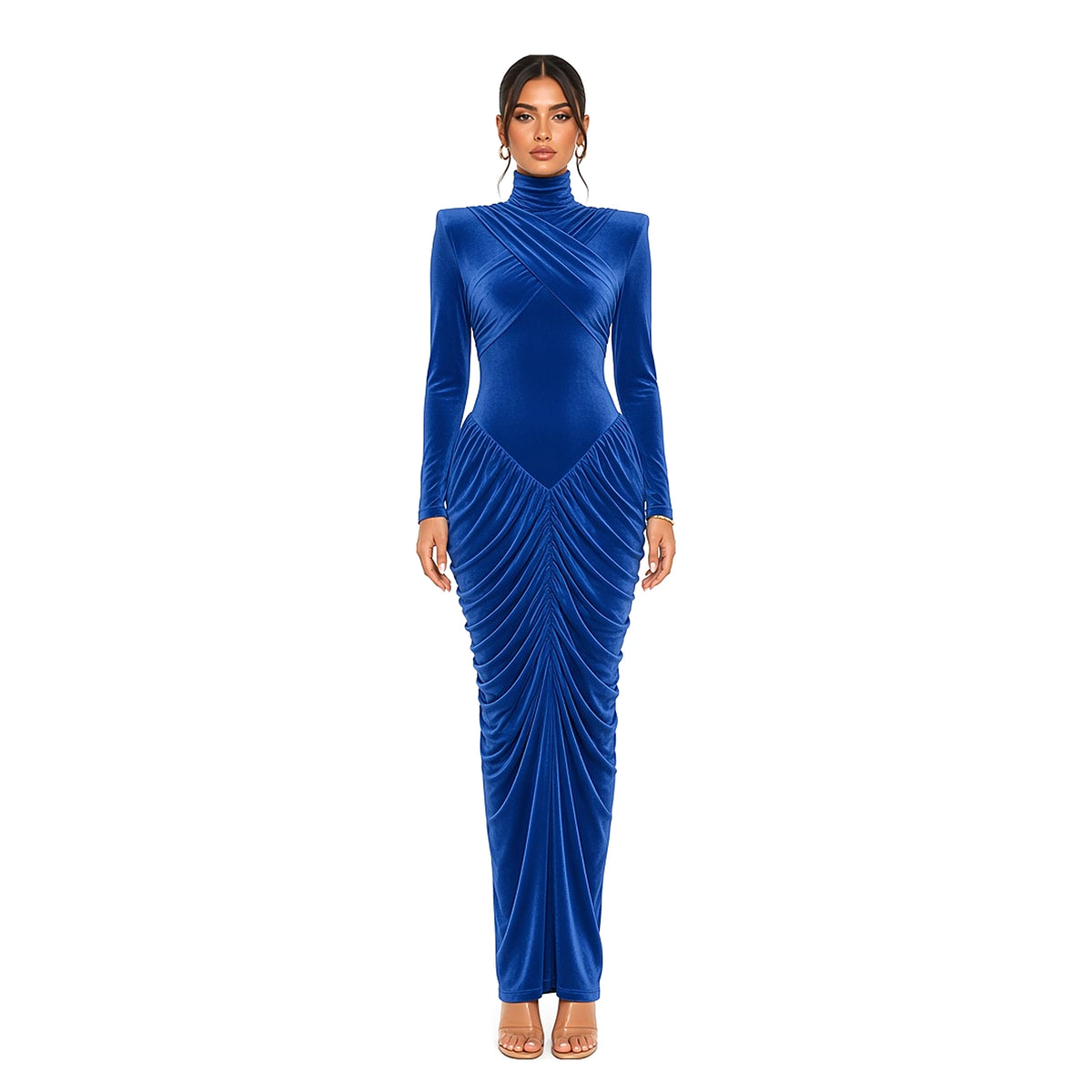 Ruched Turtleneck Open-Back Maxi Dress — Blue front