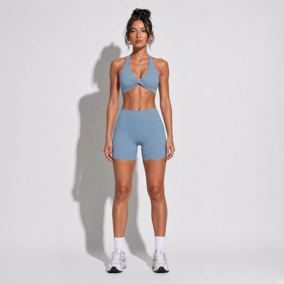 Bralette V-Shaped Yoga Short 2 piece Set — Blue front