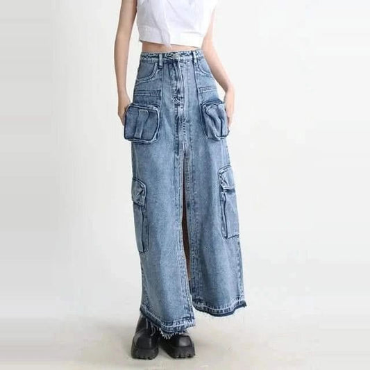 Denim Cargo Maxi Skirt — blue front crop