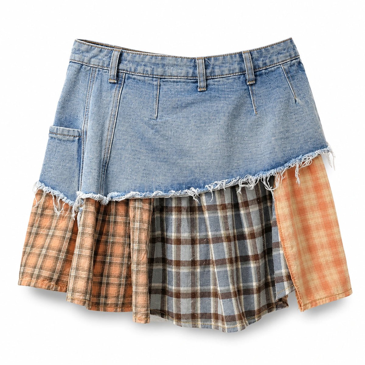 Denim Yoke Patchwork Ruffle Mini Skirt — Blue product back