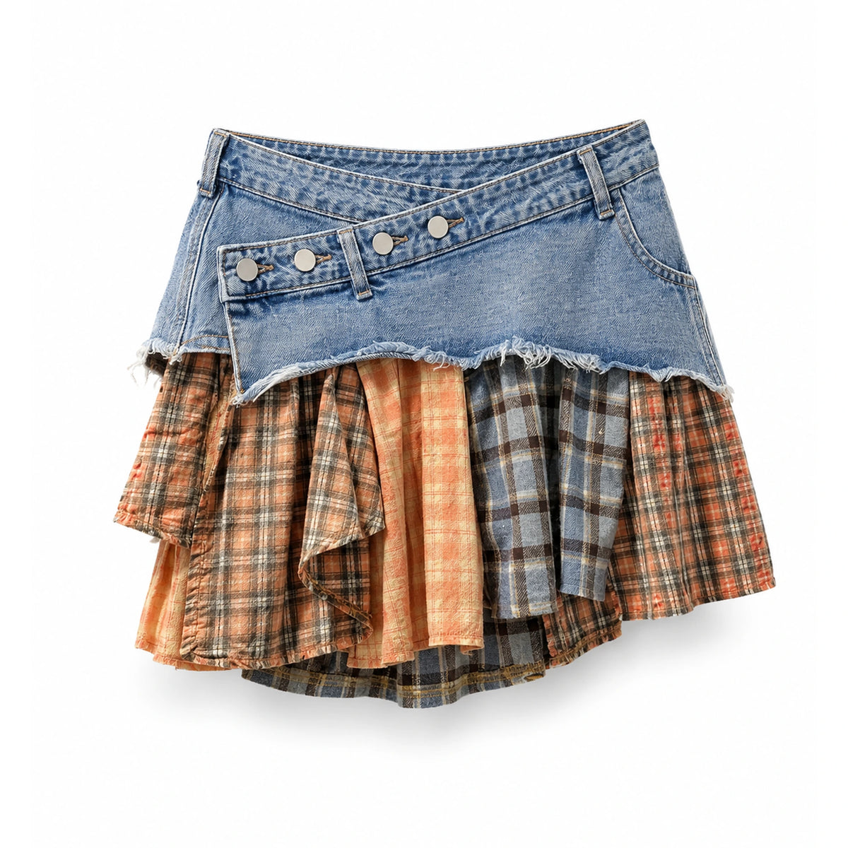 Denim Yoke Patchwork Ruffle Mini Skirt — Blue product front