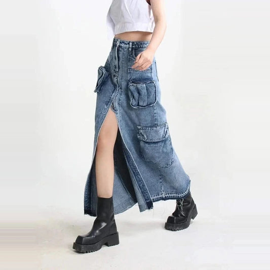 Denim Cargo Maxi Skirt — blue side