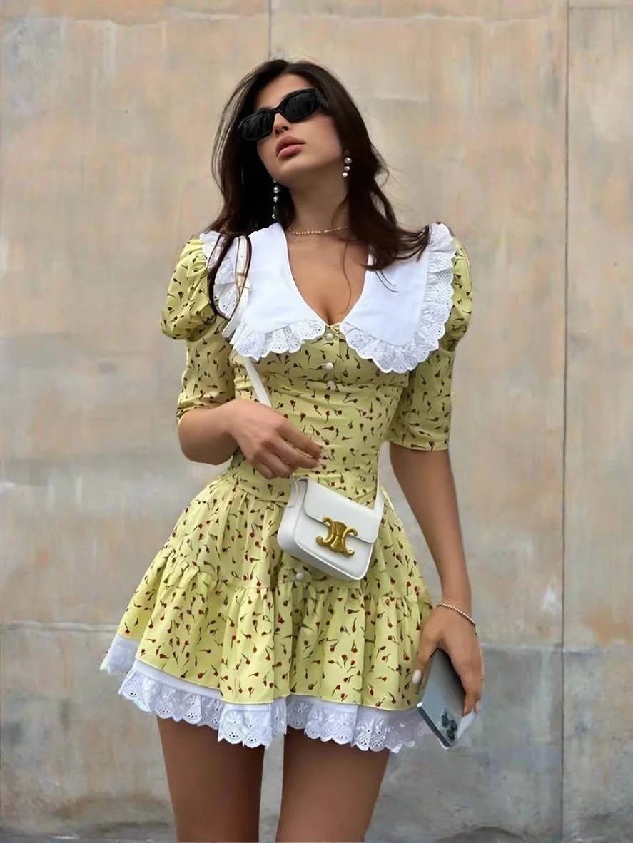 Women's Clothing Summer Doll Collar Floral Short Sleeve Dress Slim Fit Waist Tutu Skirt Lace Club Party Dress Vestidos Yellow / S Women's Clothing Summer Doll Collar Floral Short Sleeve Dress Slim Fit Waist Tutu Skirt Lace Club Party Dress Vestidos Yellow / S