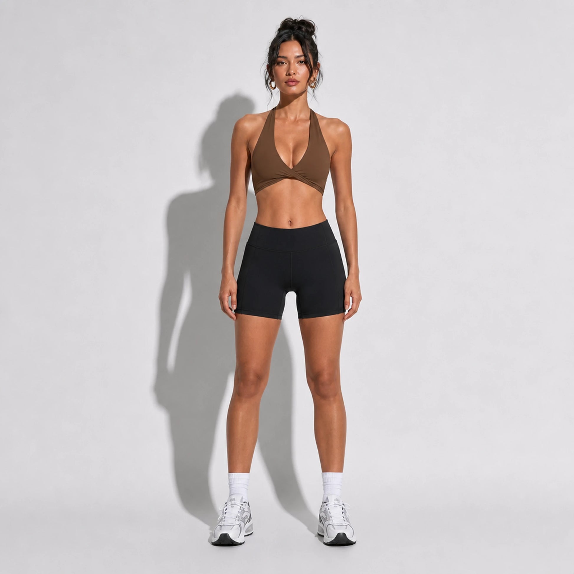 Set — Twist Halter bra Brown + Legging Shorts front on-model 2048